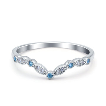 Curved Marquise Half Eternity Stackable Band Ring Simulated Aquamarine CZ 925 Sterling Silver
